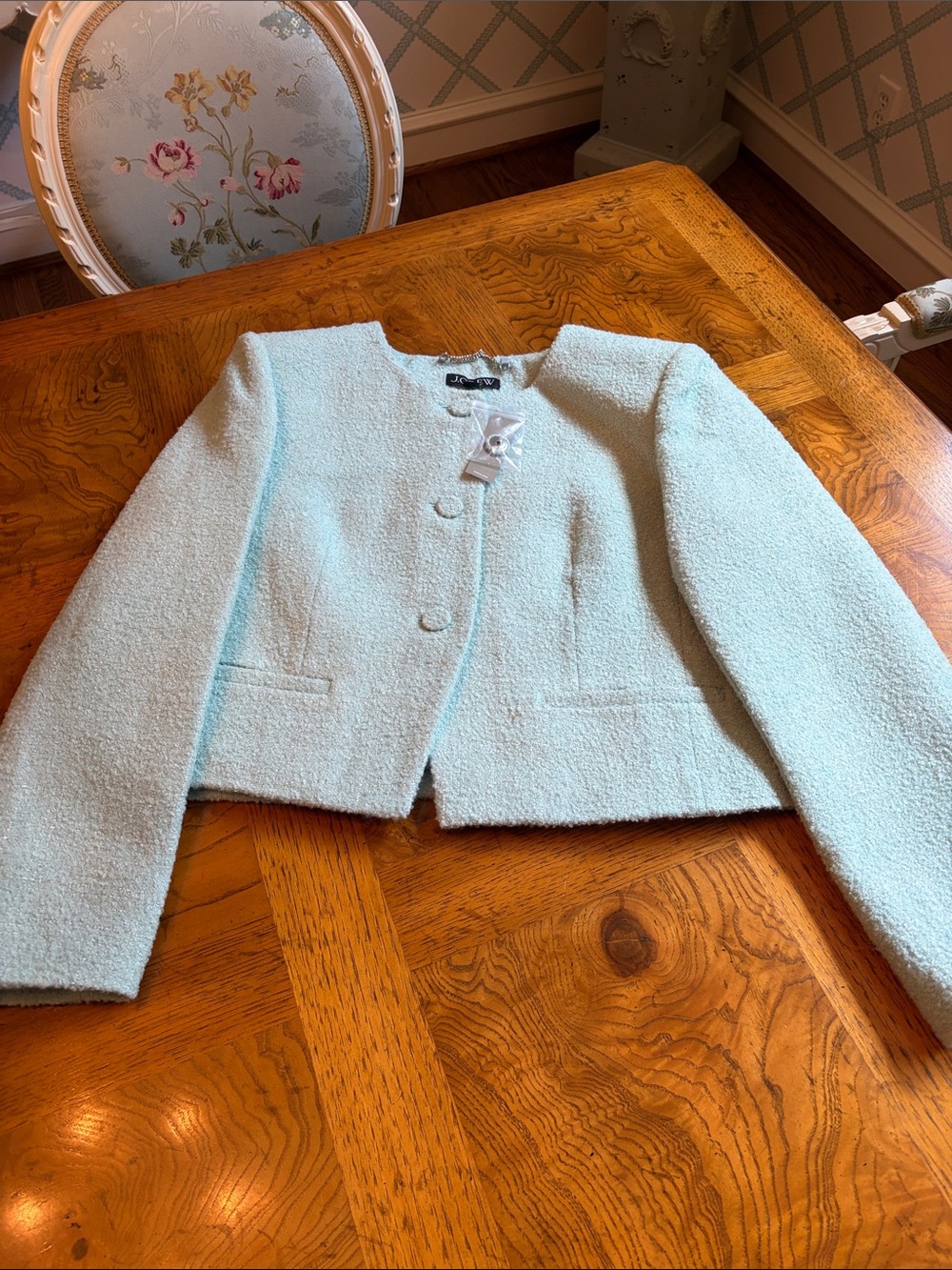 J. Crew Light Blue/ green Bouclé Cropped Blazer. Size 12 NWT